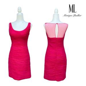 ML Monique Lhuillier Fuchsia Pink Orange Ruched Tulle Sheath Designer Dress
